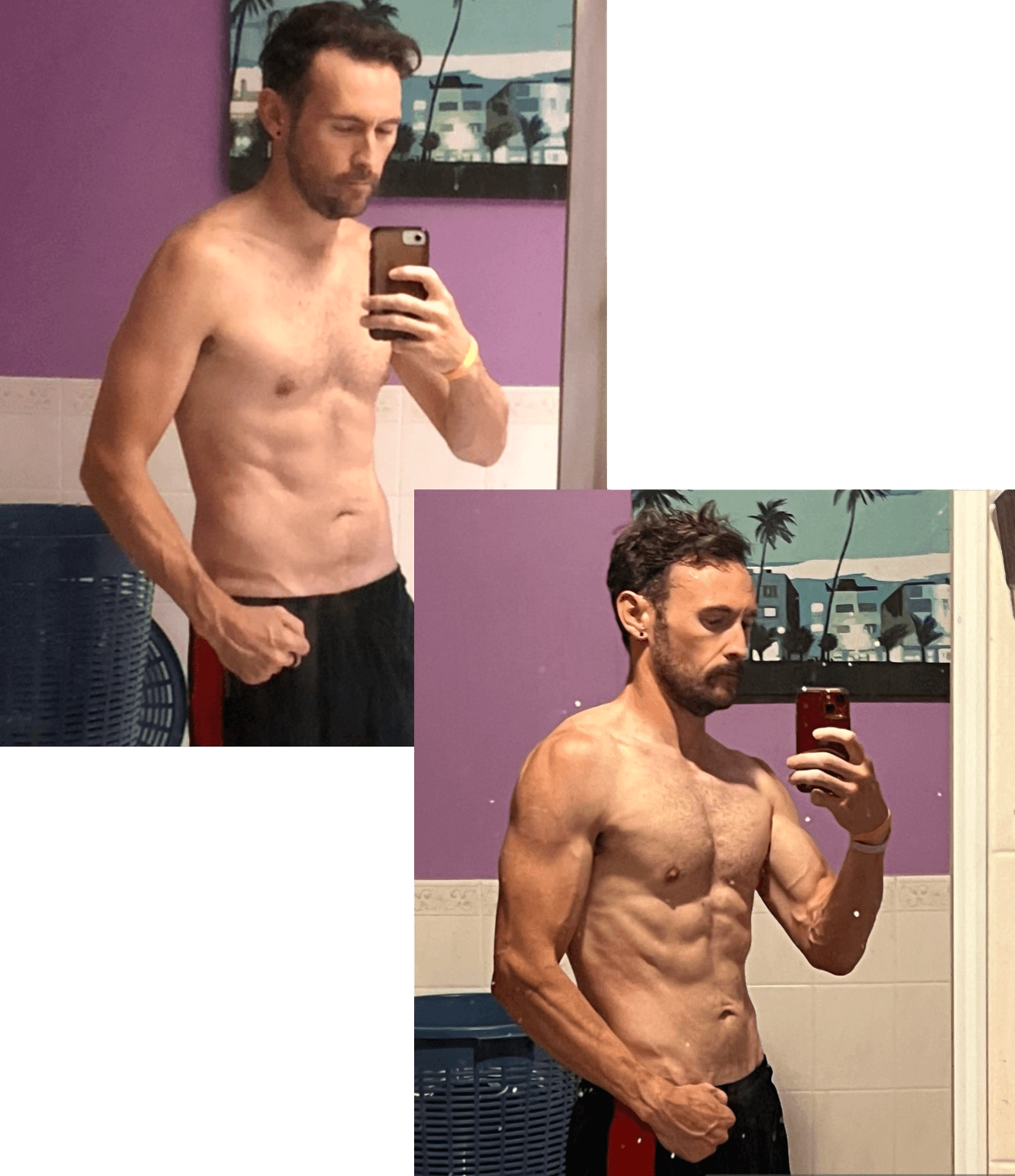 Two photos side by side of a male client showcasing his progress after working with Nikki